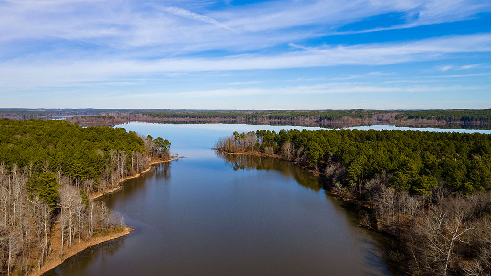 A look over Falls Lake from the view of a drone.