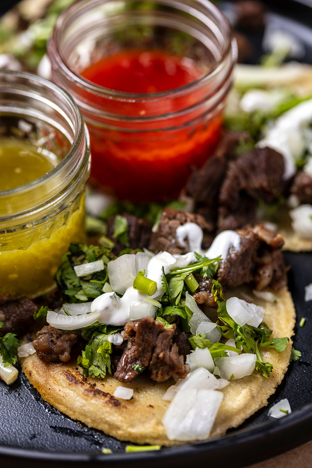 Nancy’s Tacos feature ribeye trim, handmade corn tortillas, and two types of salsa.