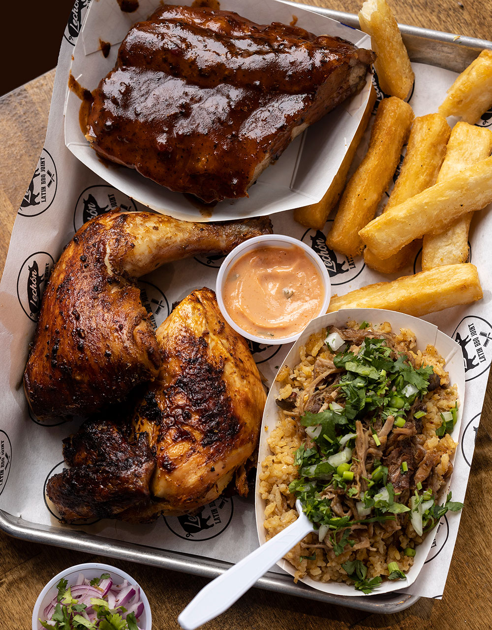 There is something for everyone at Lechon Latin BBQ, like peruvian-style rotisserie chicken, barbecued ribs with jerk sauce, and plenty of sides.