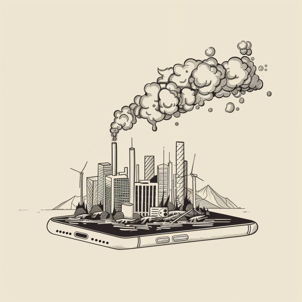 A simple line drawing of a city emanating from a phone screen. A stack atop a building releases a plume of smoke.