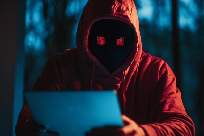 A figure with glowing red digital eyes holds a tablet